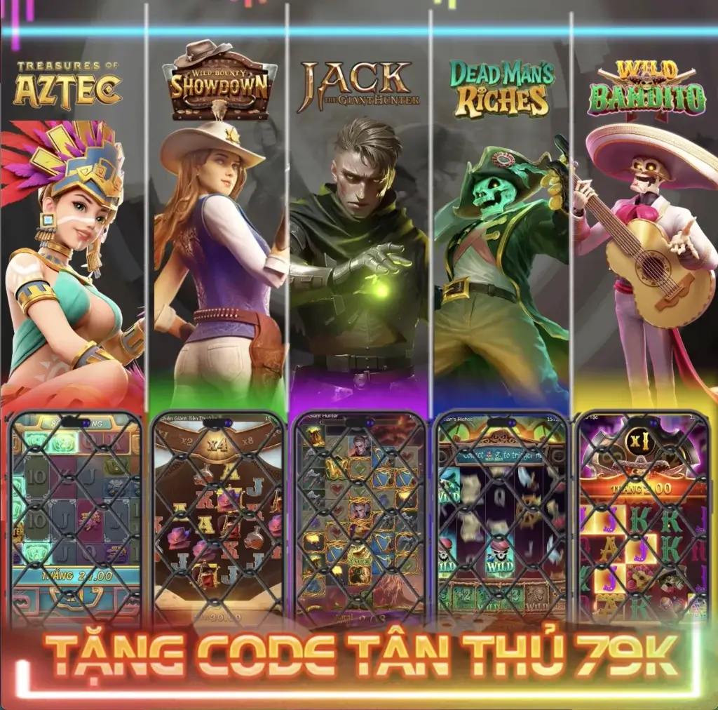 Top 5 game slot PG hot 2025 tại LC79: Wild Bounty Showdown, Treasures of Aztec, Dead Man’s Riches, Wild Bandito, Jack the Giant Hunter